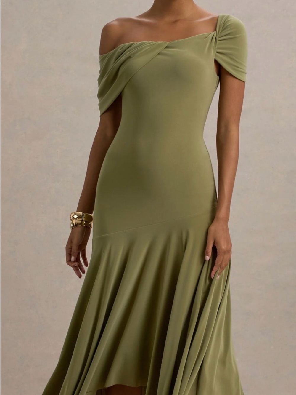 Club London One-Shoulder Olive Green Midi Dress with Flounce Hem